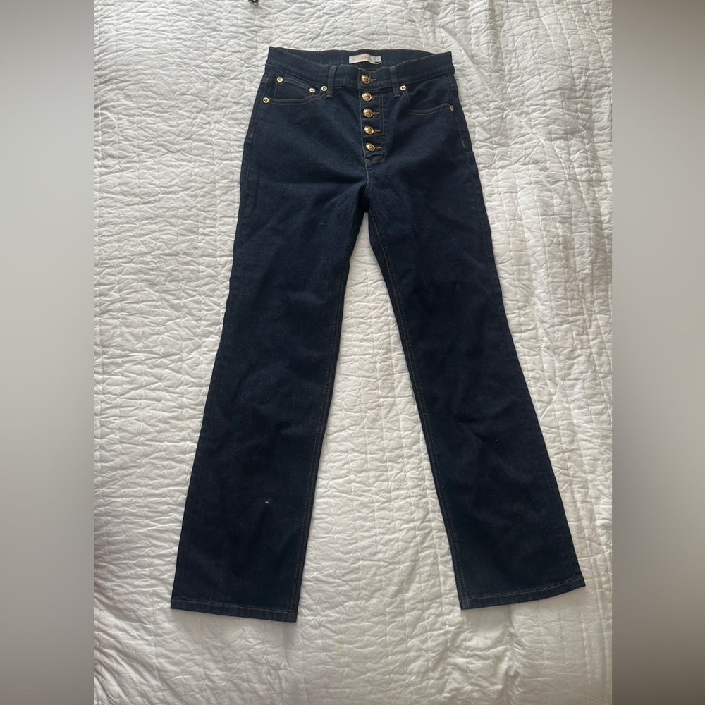 Tory Burch Dark Blue Denim Jeans with Gold Button Fly